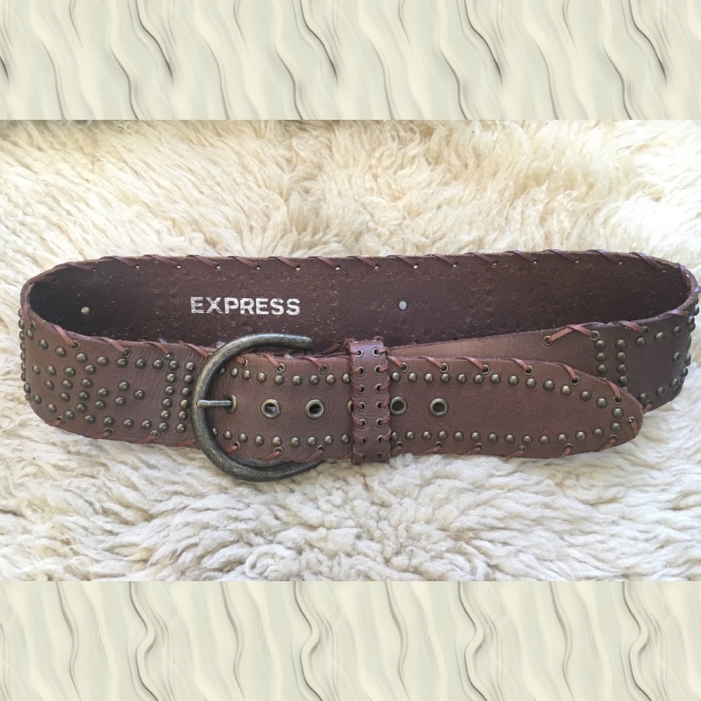 Studded Leather Belt w Solid Brass Buckle